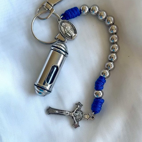 Blue Paracord Rosary and Key-Holder with Holy Soil from Jerusalem