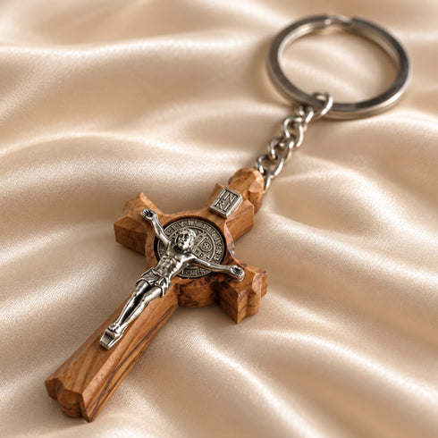 Saint Benedict Olive Wood Crucifix Keychain