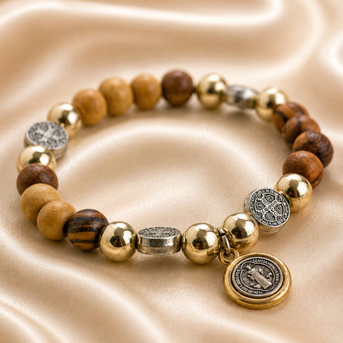 Olive Wood Saint Benedict Bracelet with Five Medals