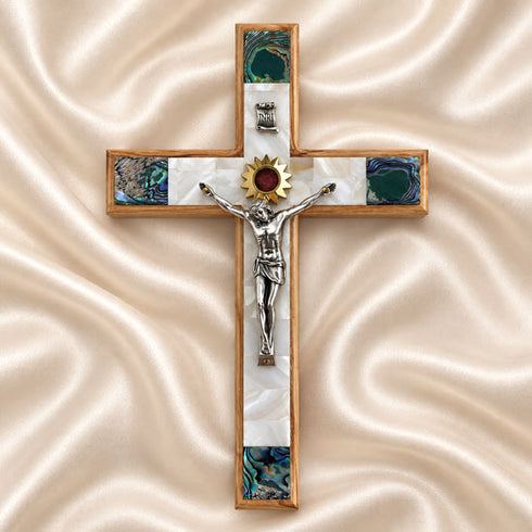 Olive Wood Star of Bethlehem Wall Crucifix with Mother of Pearl