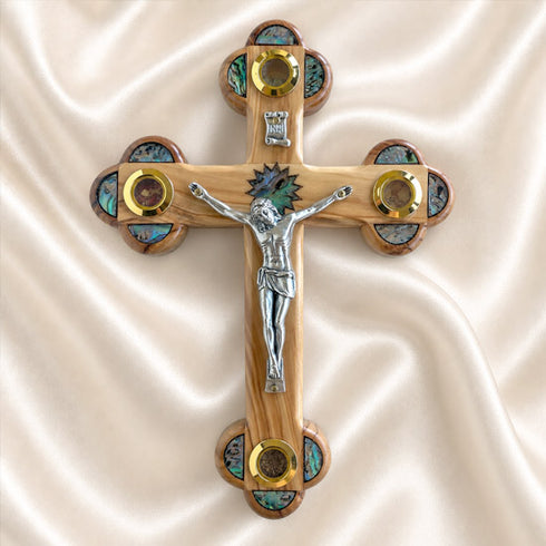 Olive Wood Trefoil Crucifix with Four Holy Elements