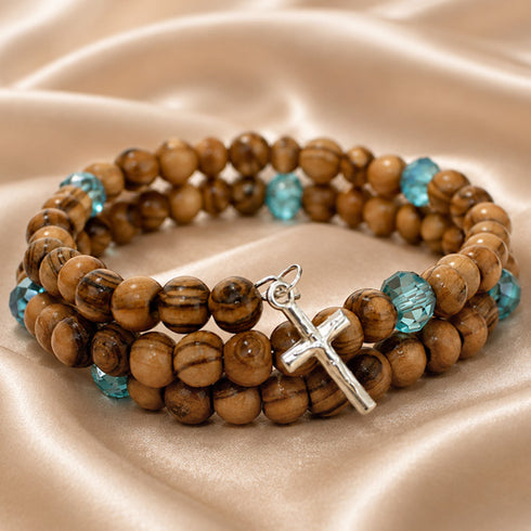 Men’s Olive Wood Wrap Bracelet with Deep Blue Crystal & Cross