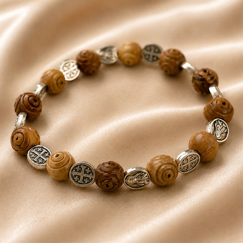 Carved Olive Wood Bracelet with Mary & Jerusalem Cross Medals