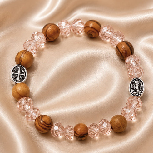 Pink Crystal Olive Wood Bracelet with Mary & Jerusalem Cross